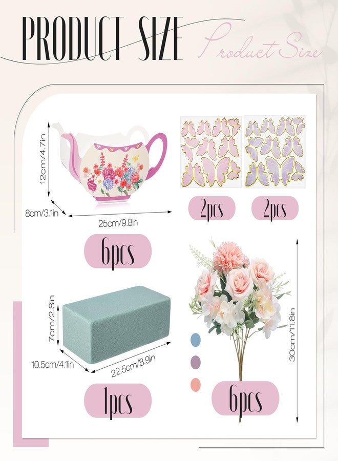 Lunmon 53 Pcs Floral Tea Party Decorations,6 Teapot Flower Boxes Tea Party Centerpiece for Table with 6 Artificial Peony Bouquets,40 Butterfly Plugin, Flower Mud for Princess Floral Wedding(Cute) - Image 2